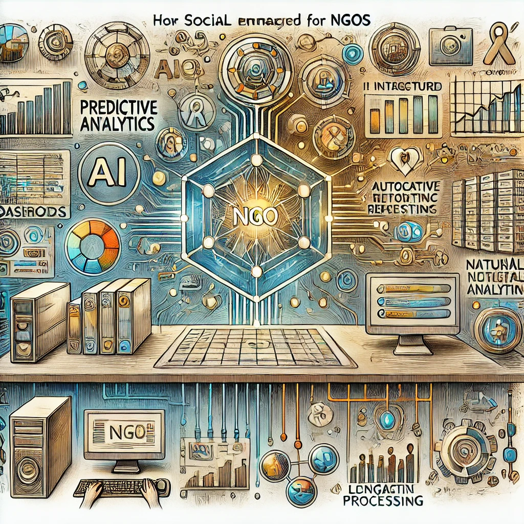 DALL·E 2025-01-14 18.31.08 - A drawing-style illustration focusing on AI-driven tools integrated into an IT architecture for NGOs. The image showcases realistic representations of
